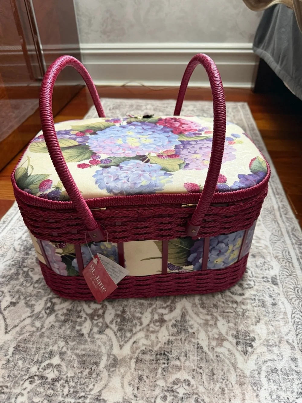 Floral Hydrangea Sewing Basket with Woven Handles - Picture 4 of 5